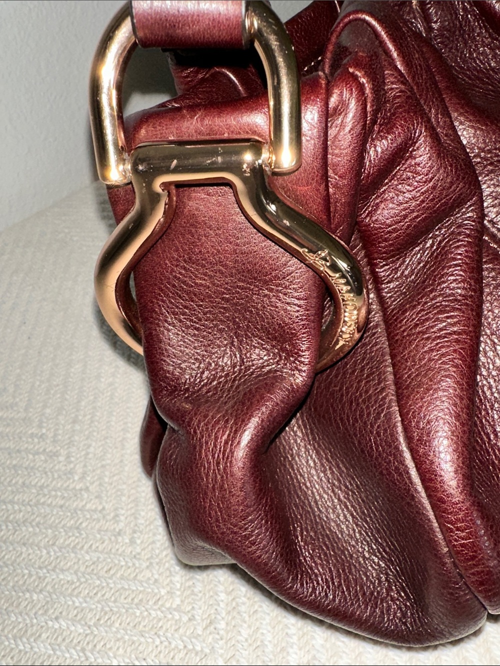 b. Makowsky Dark Burgundy Brown Gathered Hobo Shoulder Bag with Gold Hardware - Picture 3 of 10